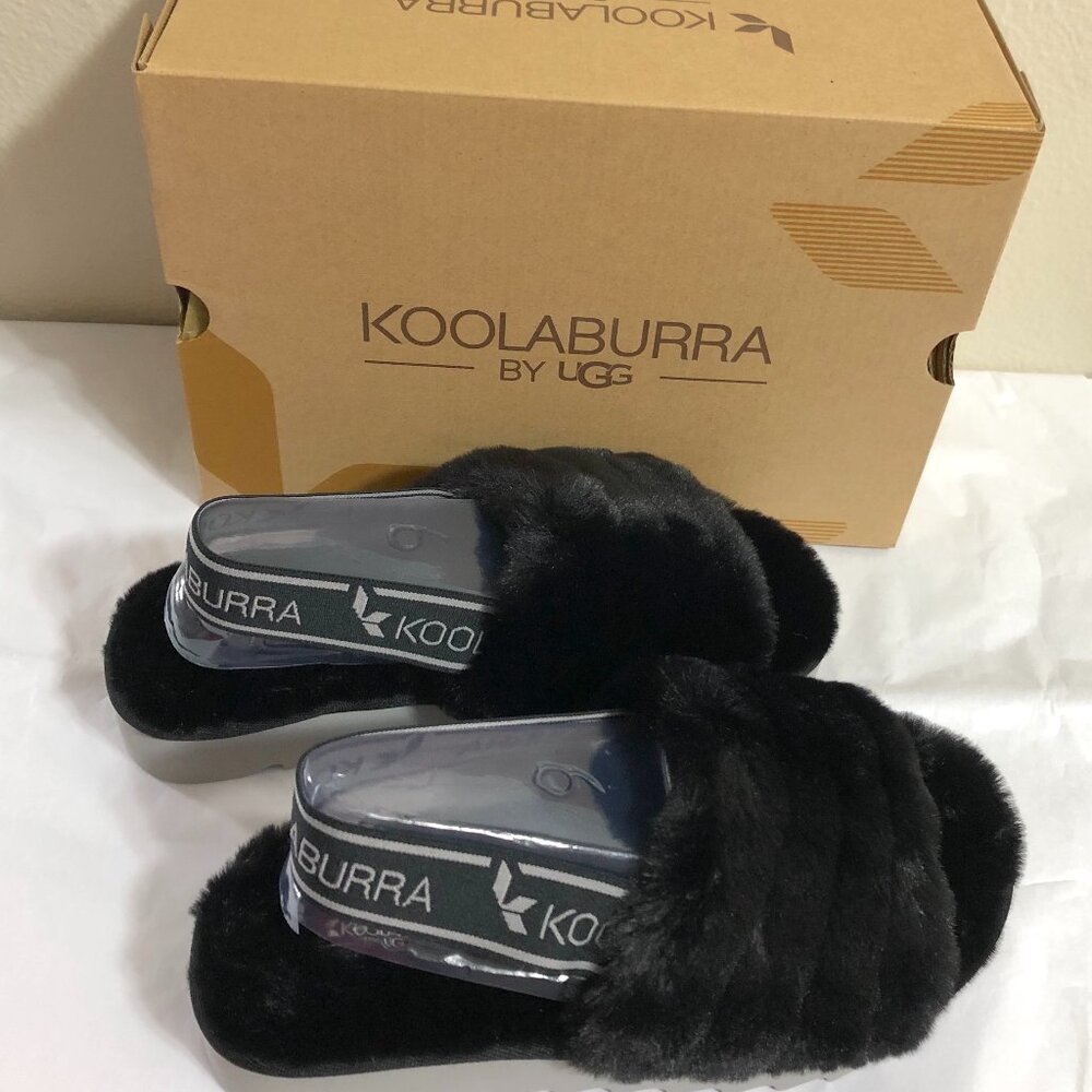UGG KOOLABURRA Plush Slide Sandals Backstrap Black Faux Fur Slipper Size 6 - Picture 4 of 7